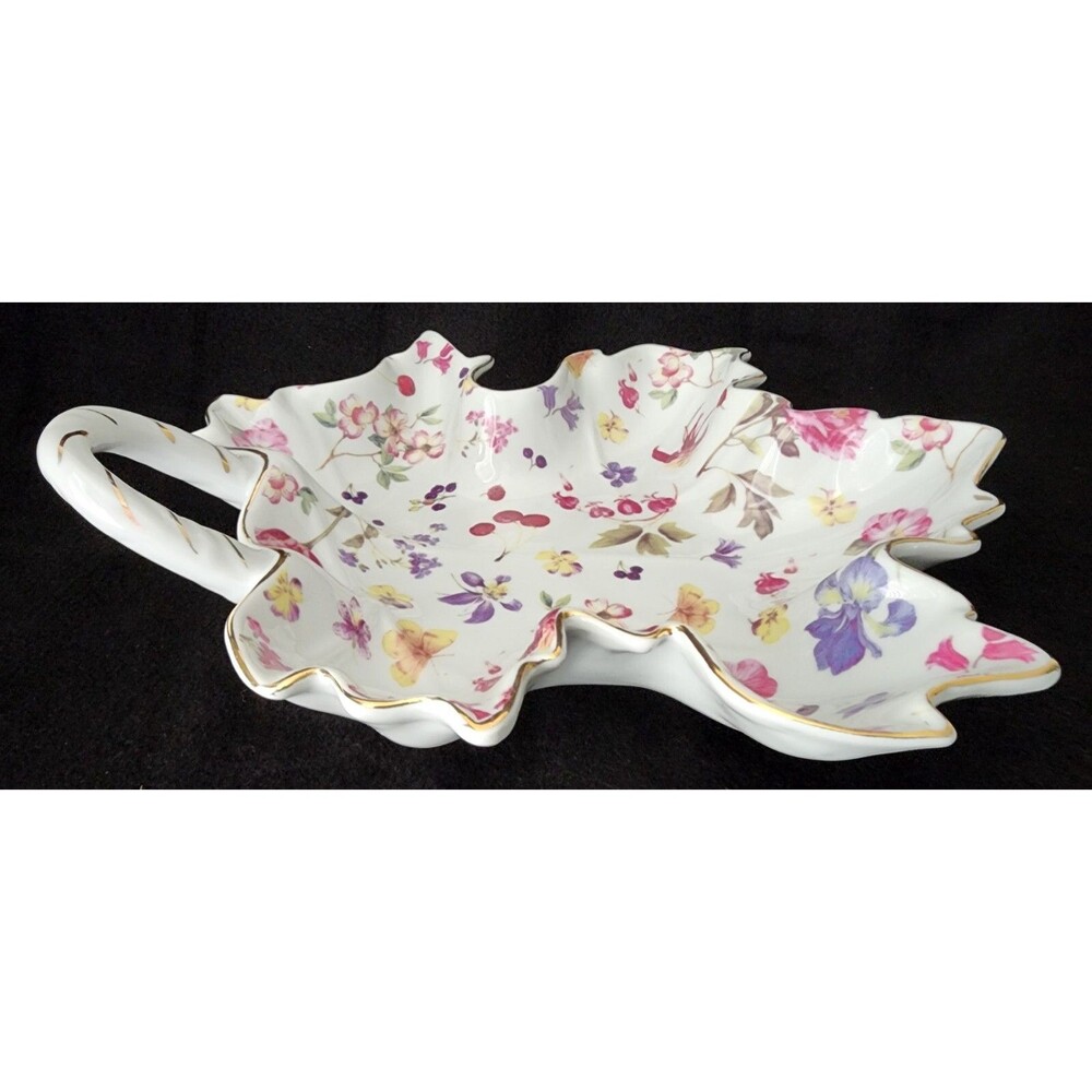 Large Mayfair Collection by Jay Maple Leaf Shaped Butterfly, Flower & Berry Dish